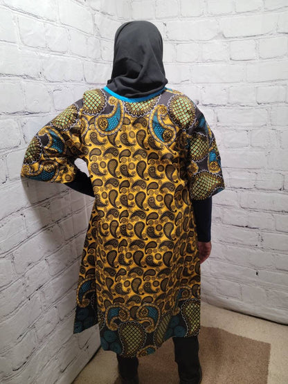 Ankara tunic dress US 16 to US 20 dolman sleeve African Print Kitenge with scarf belt A-line - brown blue paisley cotton 3/4 sleeve