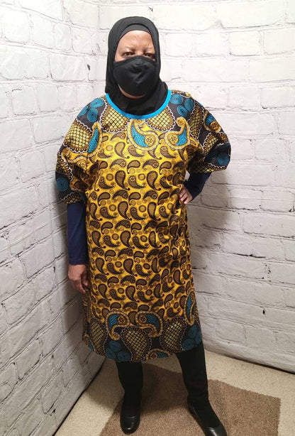 Ankara tunic dress US 4 to US 8 dolman sleeve African Print Kitenge with scarf belt A-line - brown blue paisley cotton 3/4 sleeve