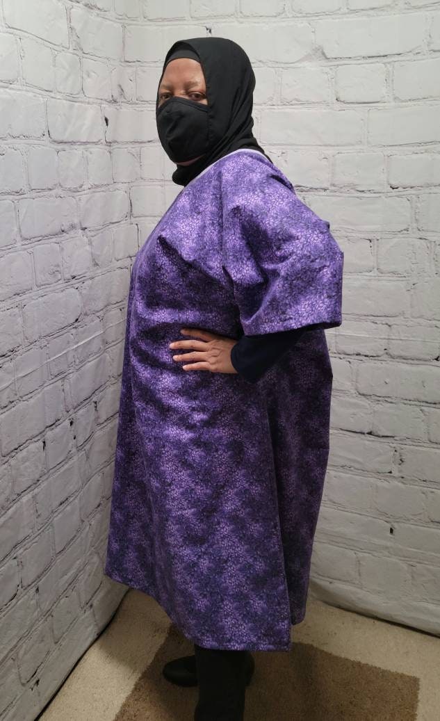 Cotton tunic dress US 16 to US 20 dolman sleeve A-line purple lilac 3/4 sleeve