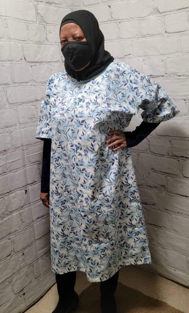 Cotton tunic dress US 10 to US 14 dolman sleeve A-line blue leaves leafy 3/4 sleeve