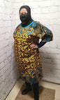 Ankara tunic dress US 16 to US 20 dolman sleeve African Print Kitenge with scarf belt A-line - brown blue paisley cotton 3/4 sleeve
