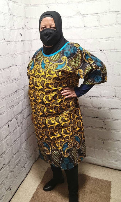 Ankara tunic dress US 4 to US 8 dolman sleeve African Print Kitenge with scarf belt A-line - brown blue paisley cotton 3/4 sleeve