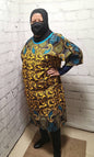 Ankara tunic dress US 4 to US 8 dolman sleeve African Print Kitenge with scarf belt A-line - brown blue paisley cotton 3/4 sleeve