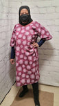 Cotton tunic dress US 10 to US 14 dolman sleeve A-line purple magenta white floral flowers 3/4 sleeve