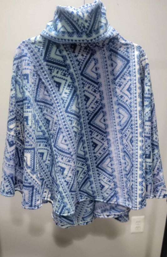 Poncho- cowl neck (converts to hood) blue geometric (one size fits most)