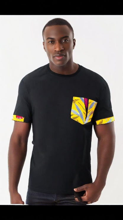 Men's ankara T-shirt black medium size with burnt yellow African print kitenge pocket and sleeve trim