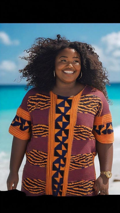 Kente dress w/ scarf dolman sleeve African print kitenge blue and orange cotton (US size 14-20)