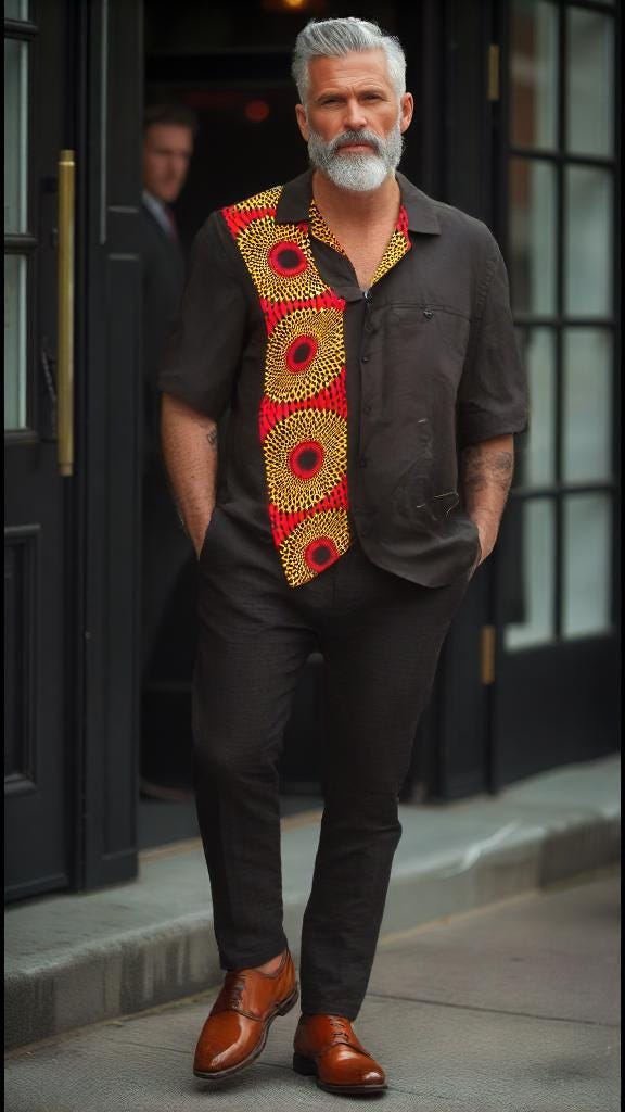 Men's linen blend shirt- black with red & orange African print- size XL