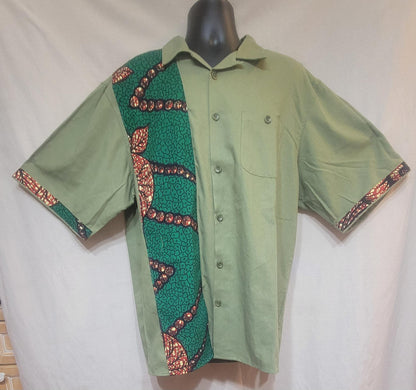 Men's linen blend shirt- green with green & brown African print- size XXL