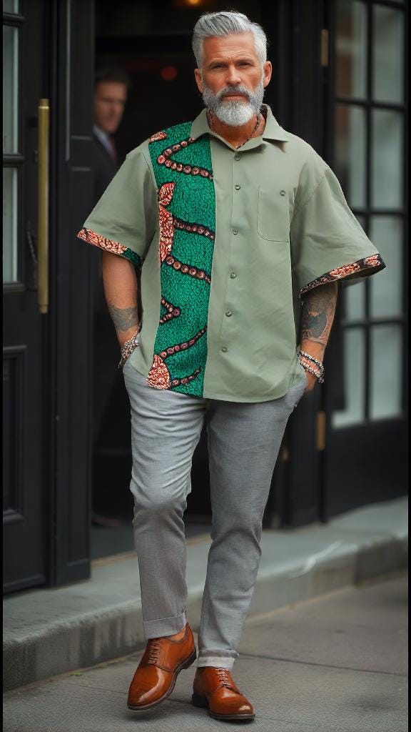 Men's linen blend shirt- green with green & brown African print- size XXL