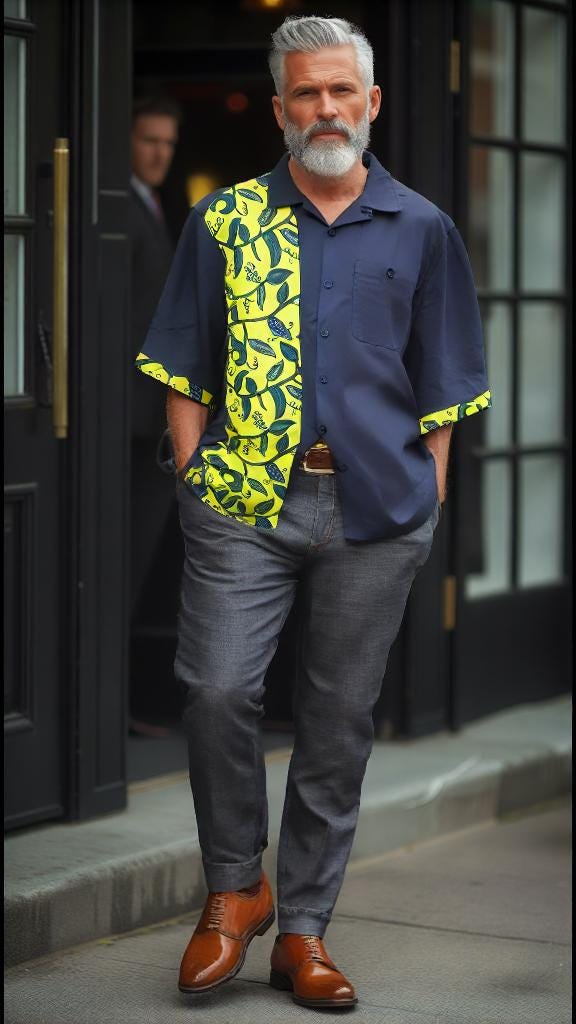Men's linen blend shirt- navy blue with blue & yellow African print- size XXL