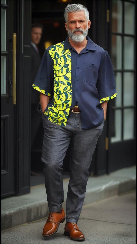 Men's linen blend shirt- navy blue with blue & yellow African print- size XXL