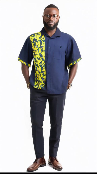 Men's linen blend shirt- navy blue with blue & yellow African print- size XXL