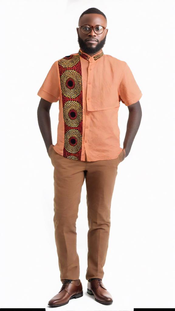 Men's linen blend shirt-peach-orange with red & orange African print- size XL