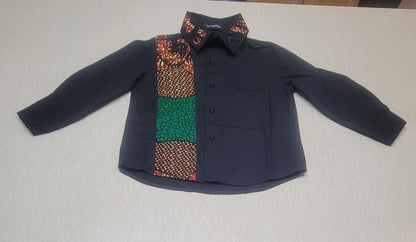 Black button down boys' shirt with green & brown african print size 6-9 months