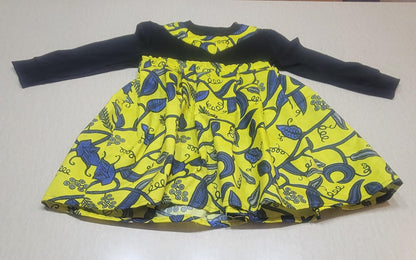 Girls' black long-sleeve tshirt with blue&yellow skirt attachment 5T -6T