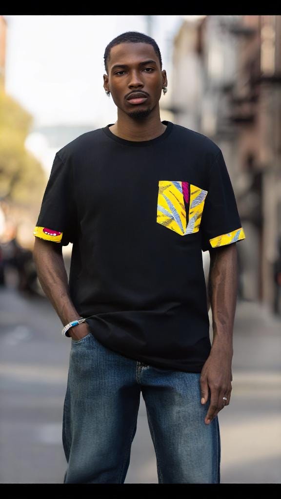 Men's ankara T-shirt black medium size with burnt yellow African print kitenge pocket and sleeve trim