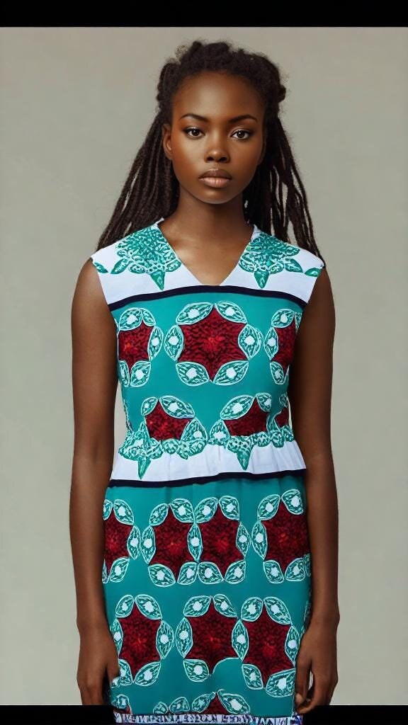 Leso dress w/ wrap sleeveless swahili African print kitenge Aqua with Stars head wrap cotton scarf (size S; US 6)