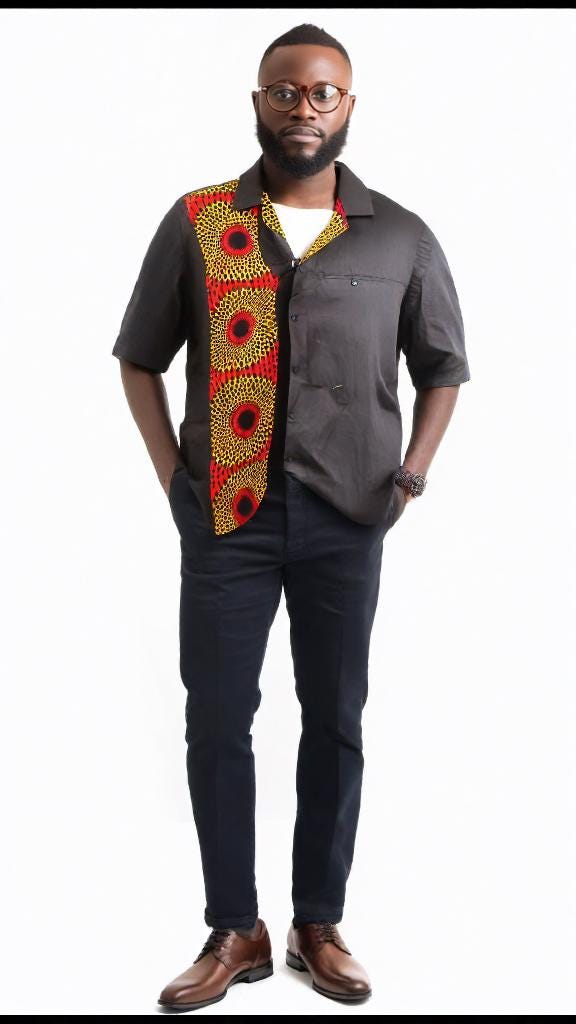 Men's linen blend shirt- black with red & orange African print- size XL