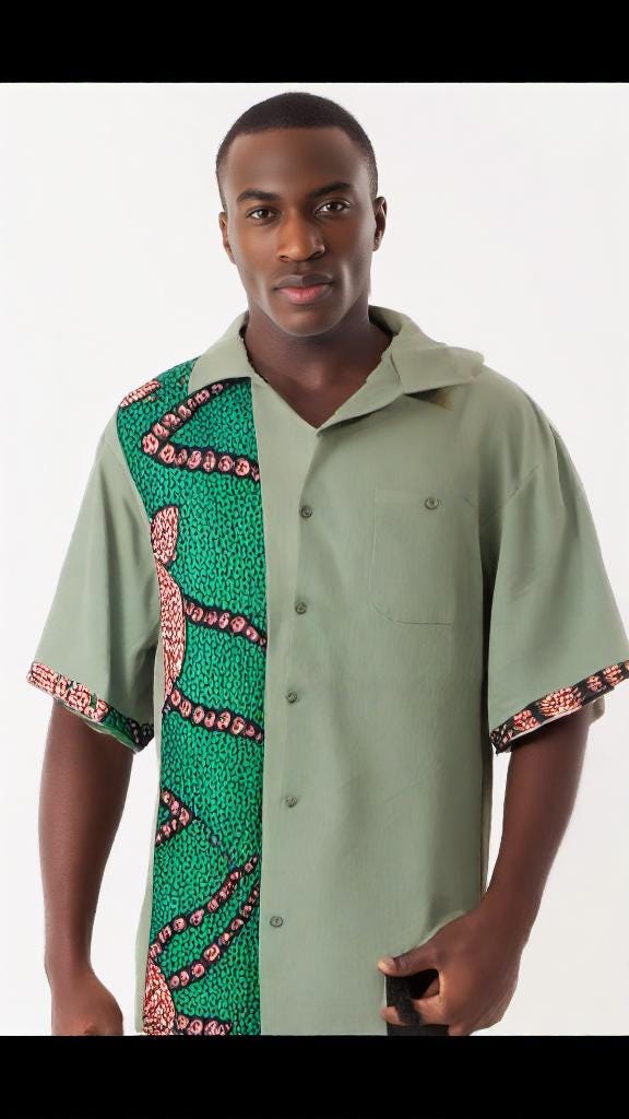 Men's linen blend shirt- green with green & brown African print- size XXL