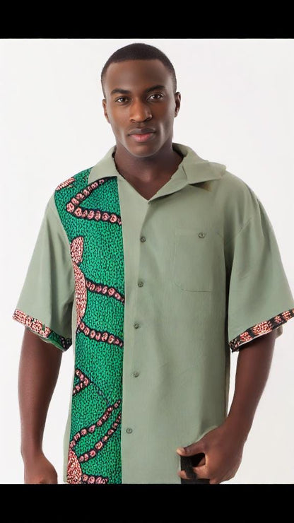 Men's linen blend shirt- green with green & brown African print- size XXL