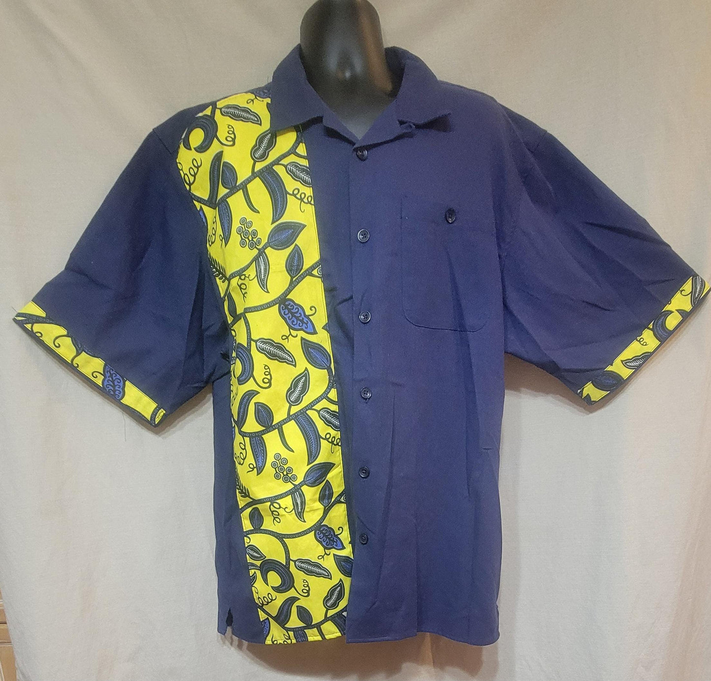 Men's linen blend shirt- navy blue with blue & yellow African print- size XXL