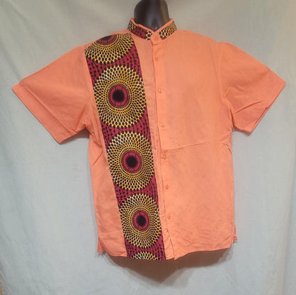 Men's linen blend shirt-peach-orange with red & orange African print- size XL