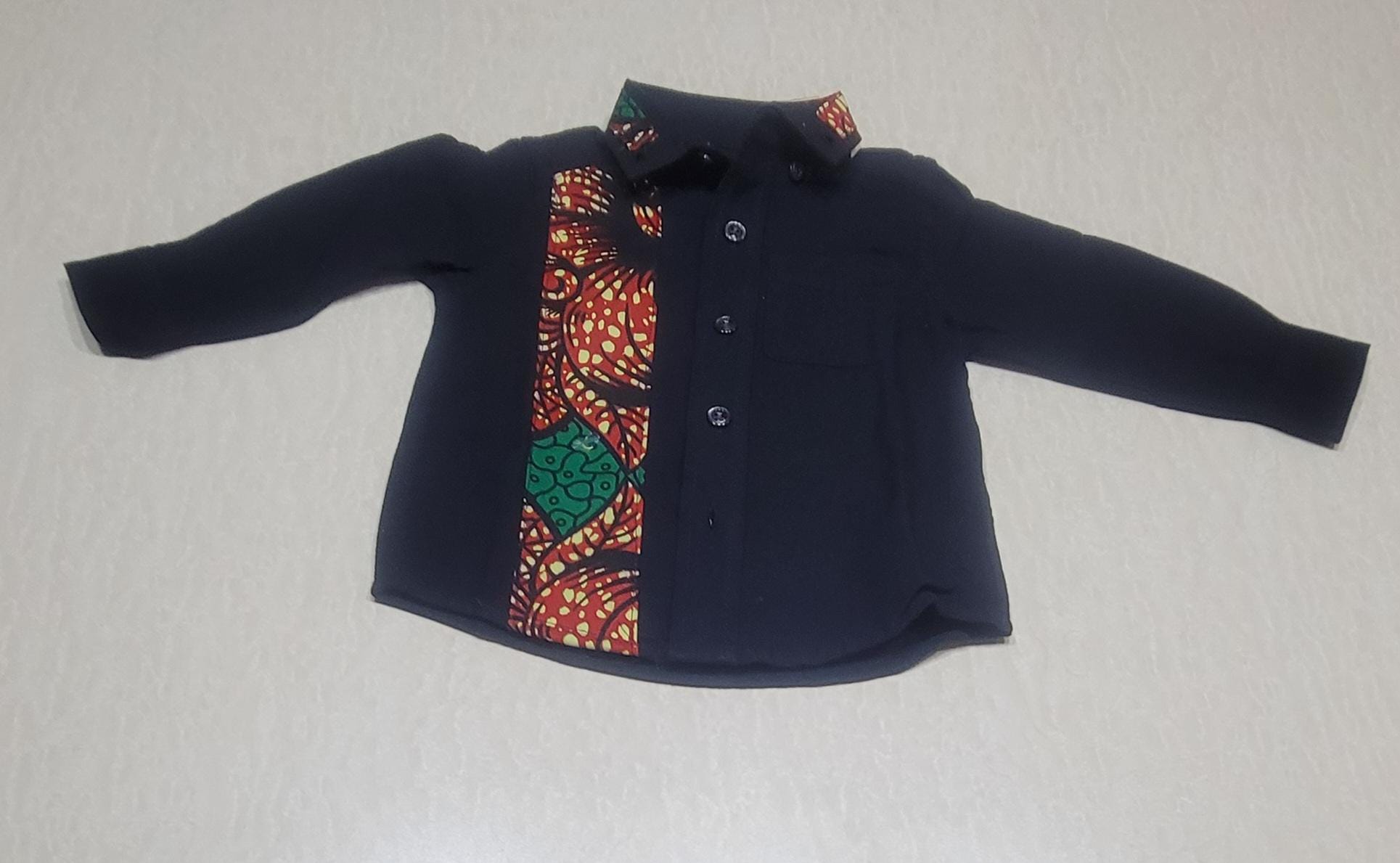 Black button down boys' shirt with green & brown african print 3T