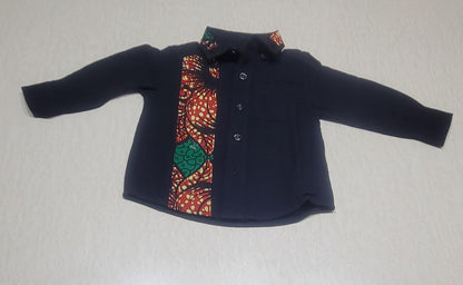 Black button down boys' shirt with green & brown african print 3T
