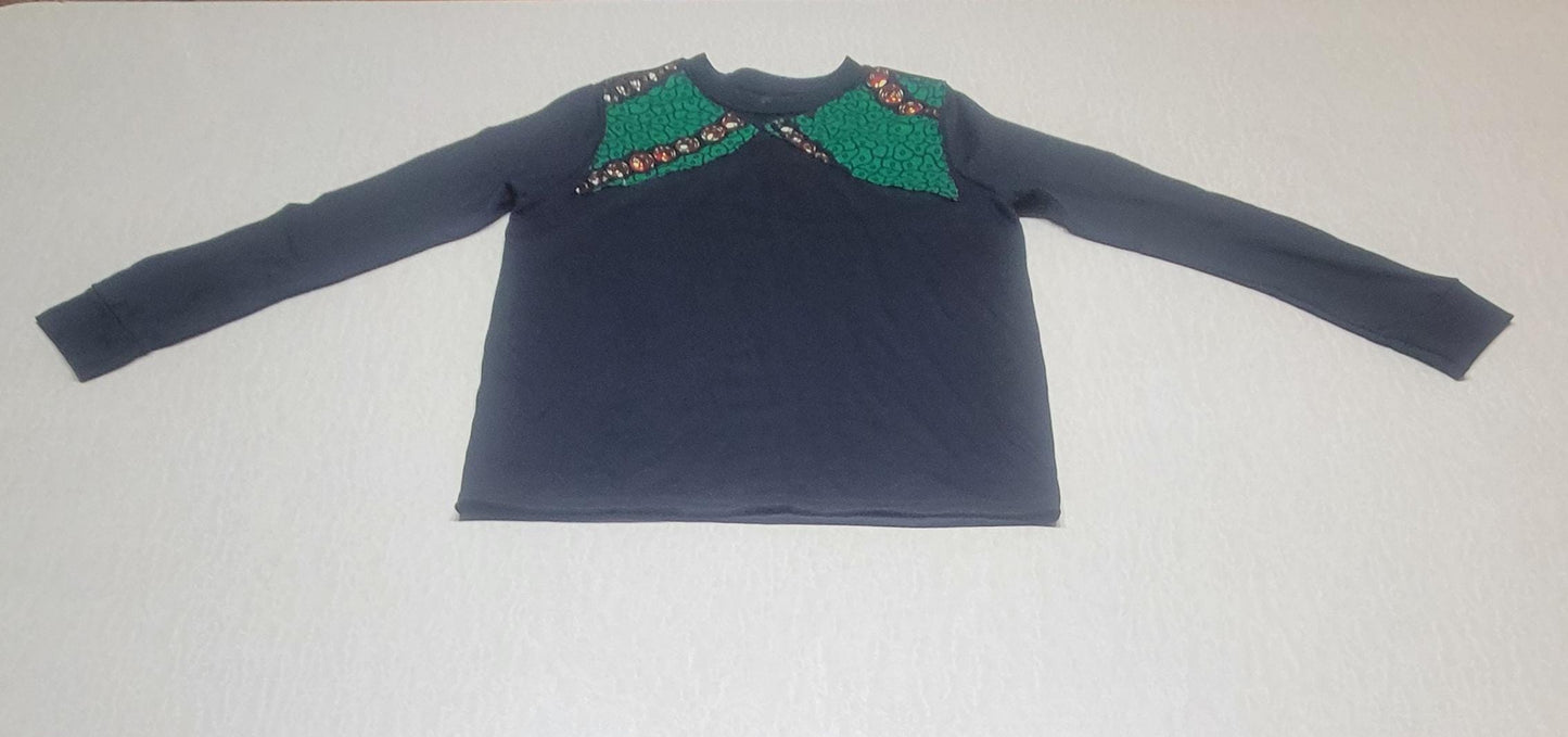 Women's black long-sleeve t-shirt with green & brown African print