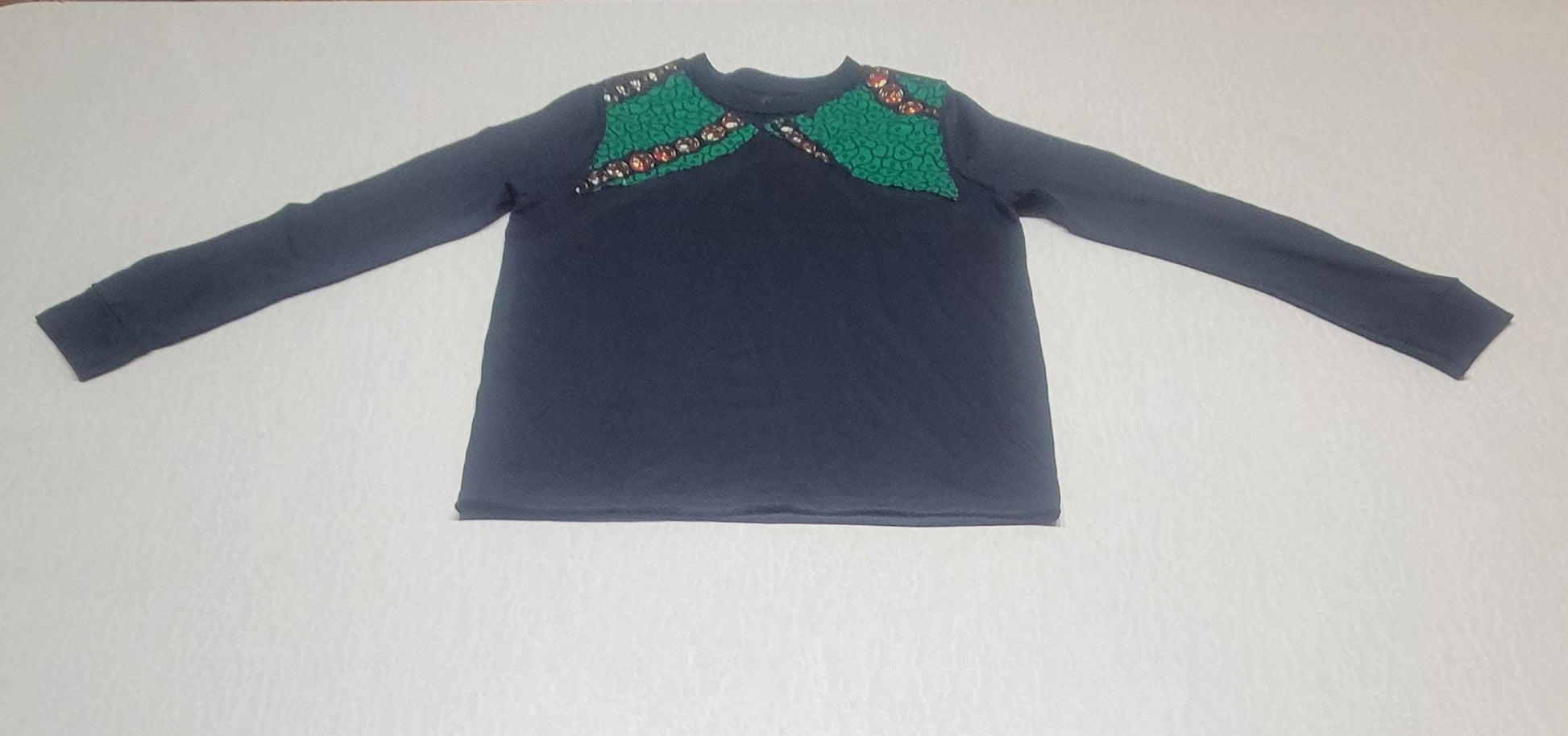 Women's black long-sleeve t-shirt with green & brown African print