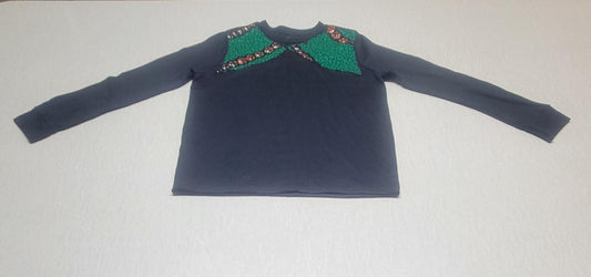 Women's black long-sleeve t-shirt with green & brown African print