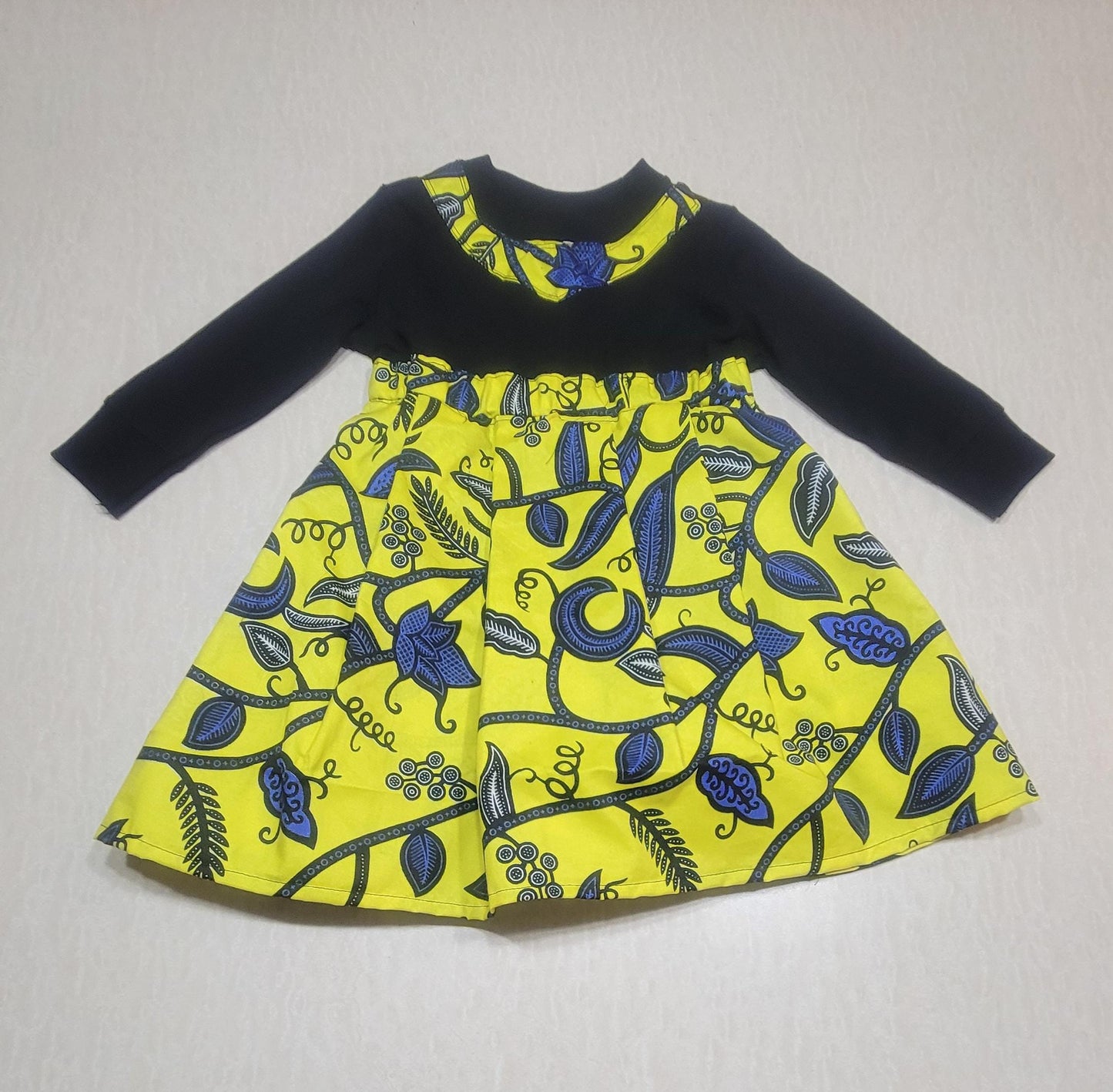 Girls' black long-sleeve tshirt with blue&yellow skirt attachment 5T -6T