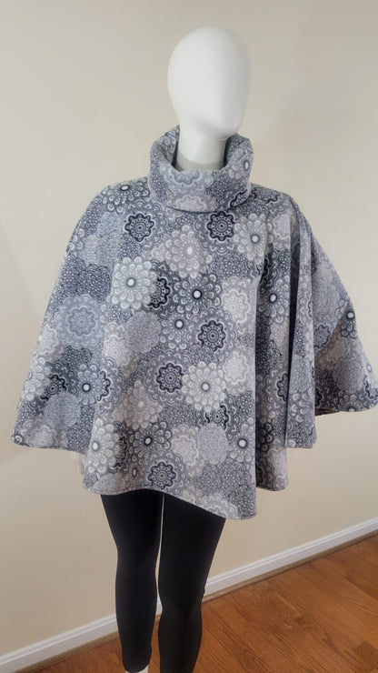 Poncho- cowl neck (converts to hood) gray floral print (one size fits most)