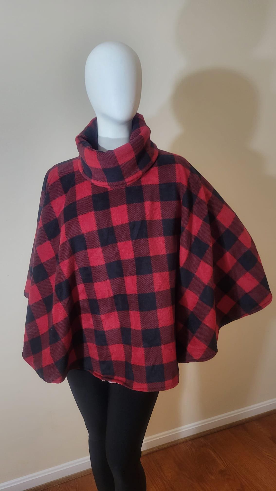 Poncho- cowl neck (converts to hood) red checkered (one size fits most)