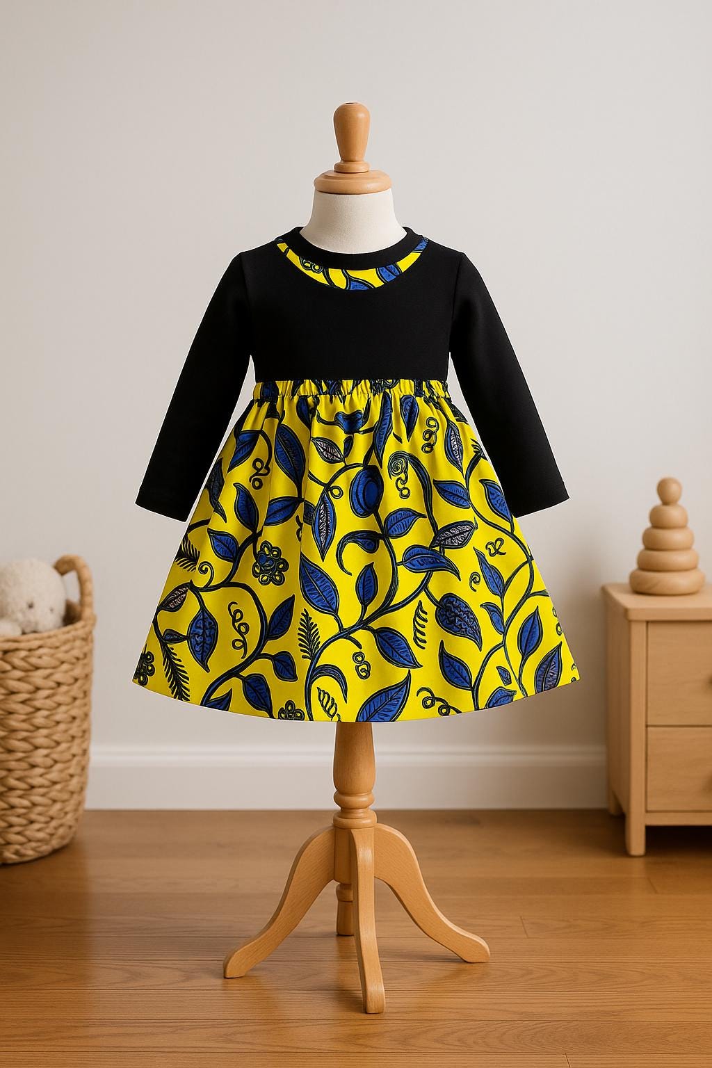 Girls' black long-sleeve tshirt with blue&yellow skirt attachment 5T -6T
