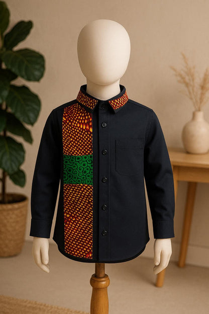 Black button down boys' shirt with green & brown african print size 6-9 months