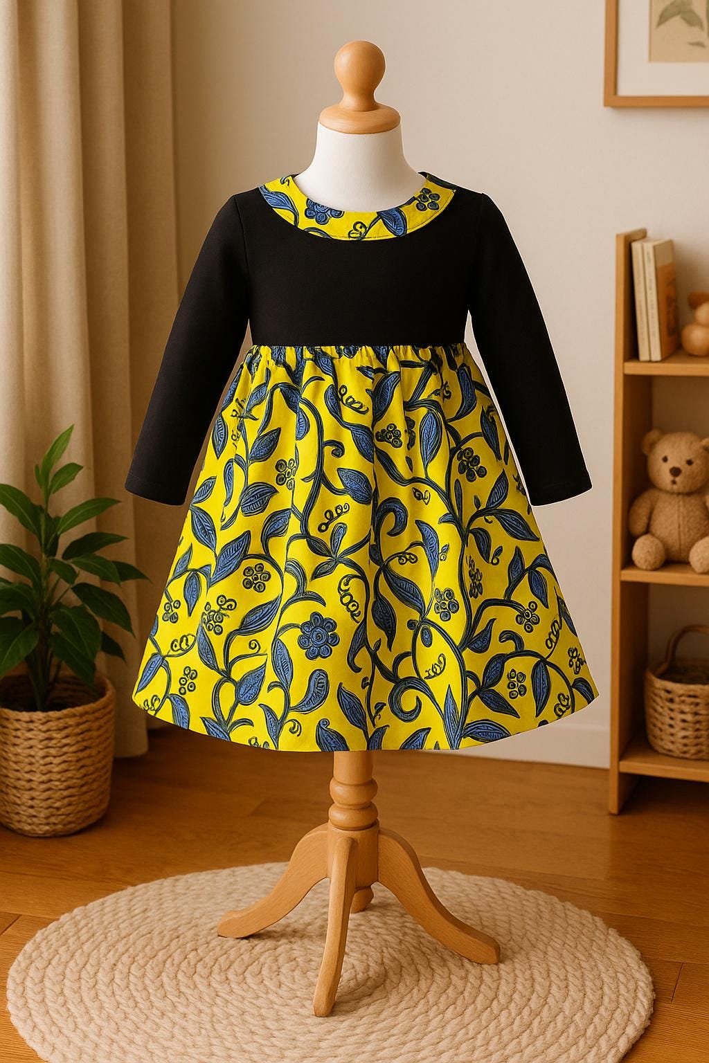 Girls' black long-sleeve tshirt with blue&yellow skirt attachment 5T -6T