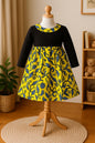 Girls' black long-sleeve tshirt with blue&yellow skirt attachment 5T -6T