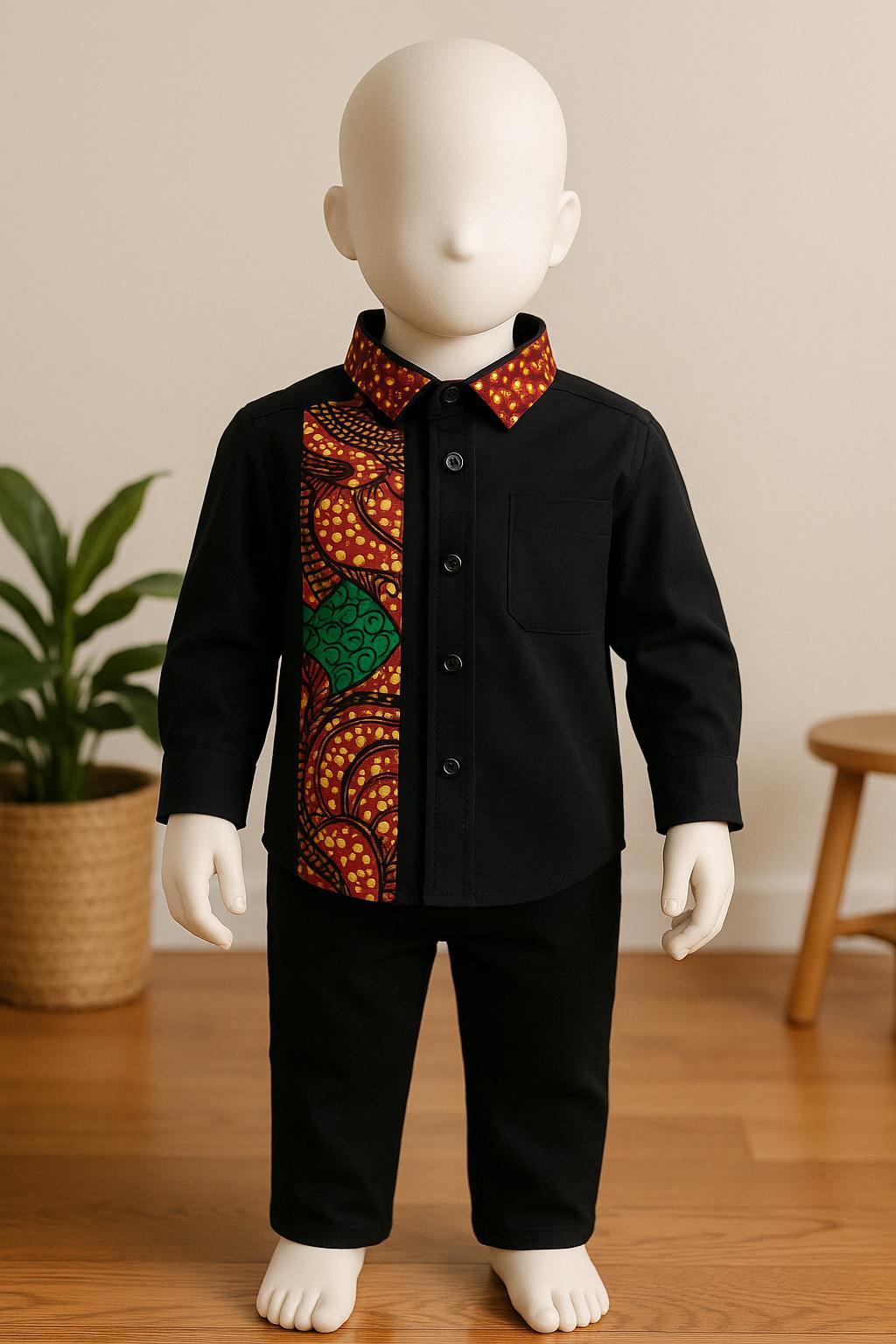 Black button down boys' shirt with green & brown african print 3T