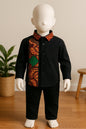 Black button down boys' shirt with green & brown african print 3T