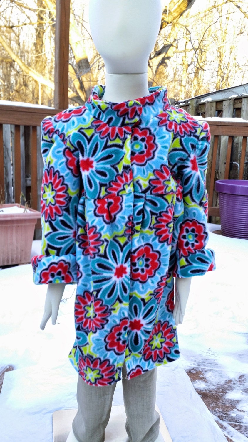Girl's 4T fleece coat 3/4 length- floral blue pattern