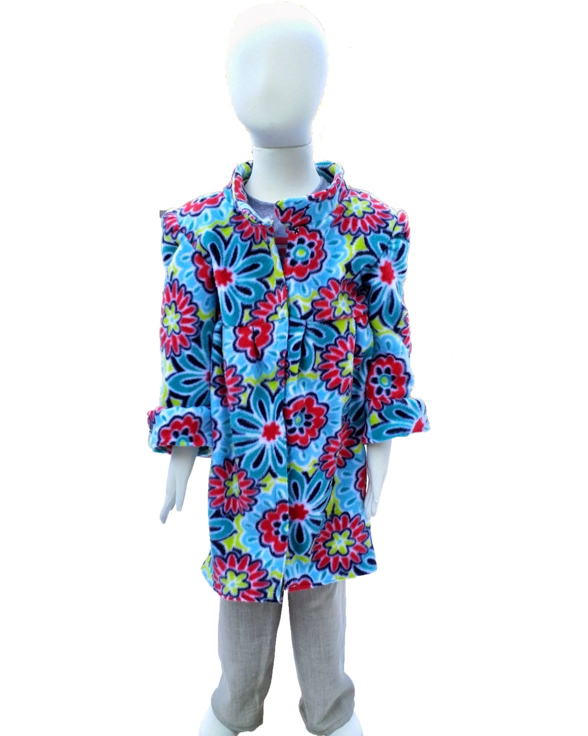 Girl's 4T fleece coat 3/4 length- floral blue pattern