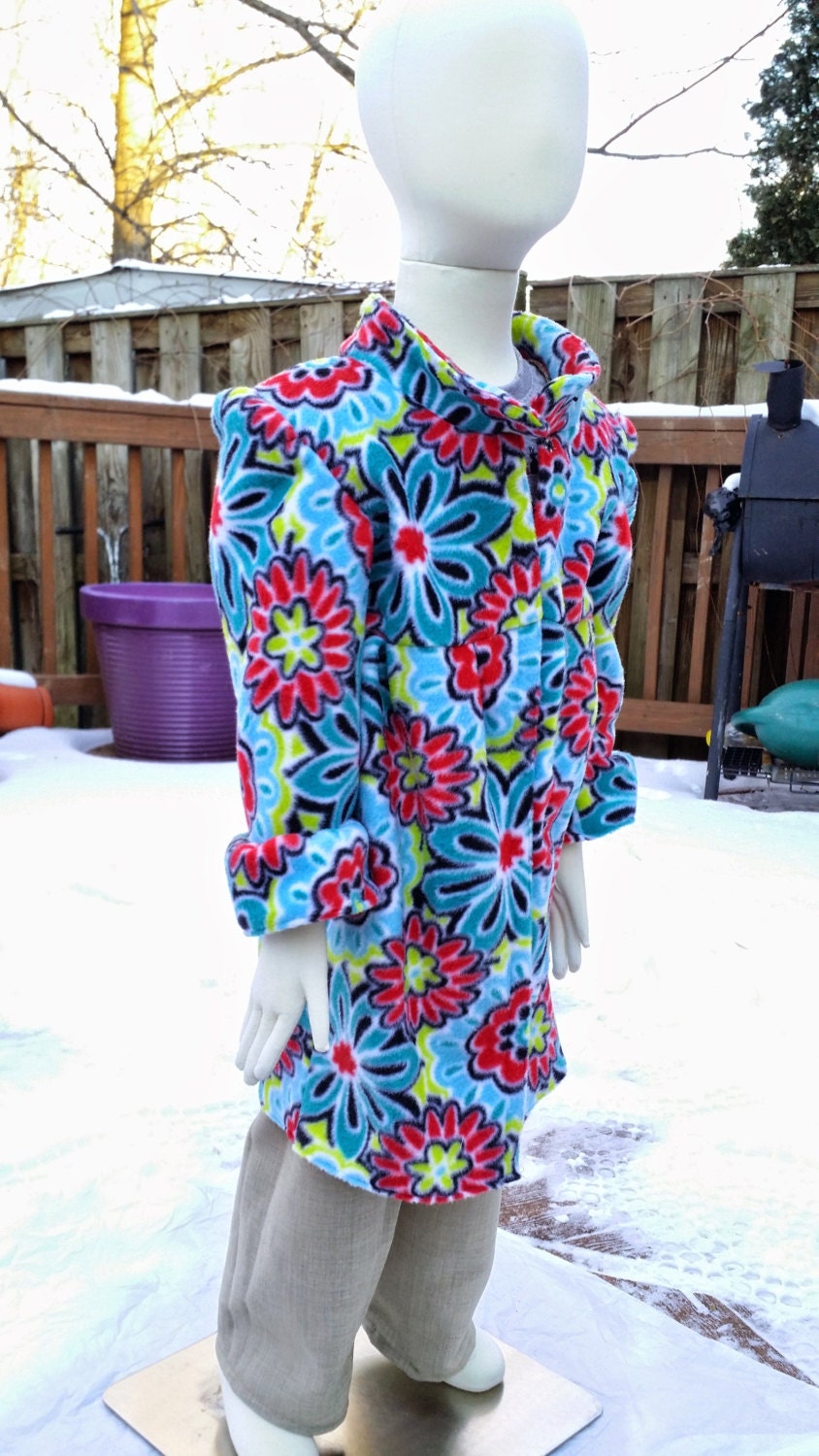 Girl's 4T fleece coat 3/4 length- floral blue pattern