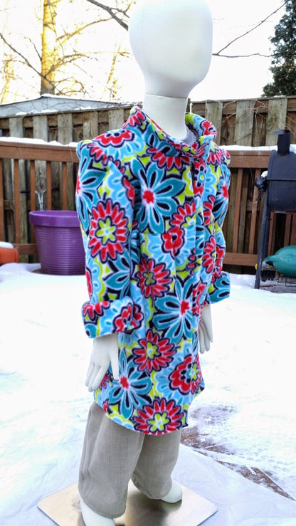 Girl's 4T fleece coat 3/4 length- floral blue pattern
