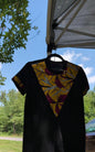 Women's ankara T-shirt medium black with burn yellow African print kitenge neck embellishment and sleeve trim (US 6-8; S-M)