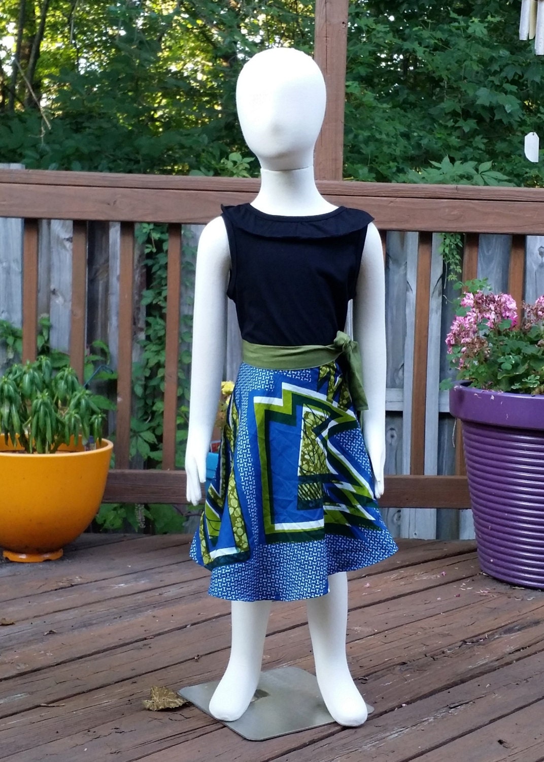Girl's 2T ankara skirt flared blue/green African print with side belt cotton