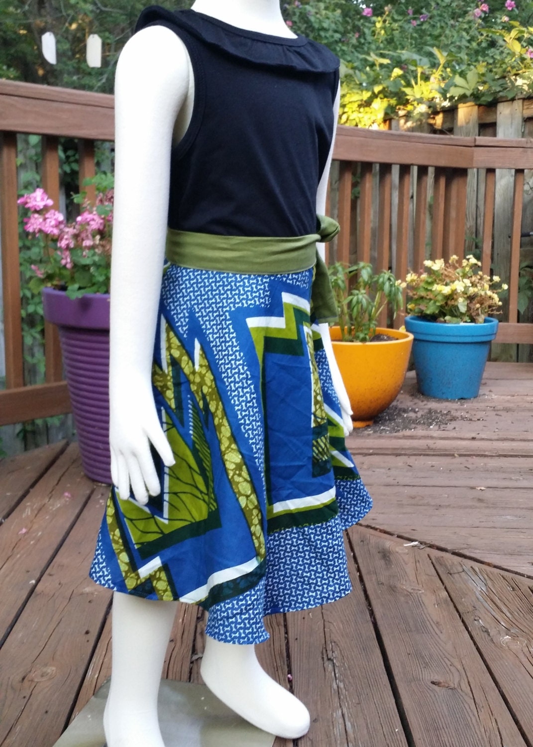 Girl's 2T ankara skirt flared blue/green African print with side belt cotton