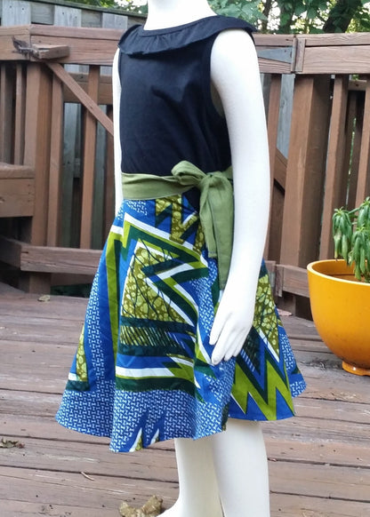 Girl's 2T ankara skirt flared blue/green African print with side belt cotton