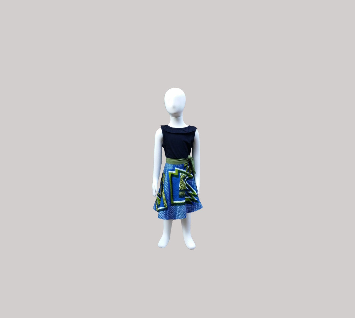Girl's 2T ankara skirt flared blue/green African print with side belt cotton